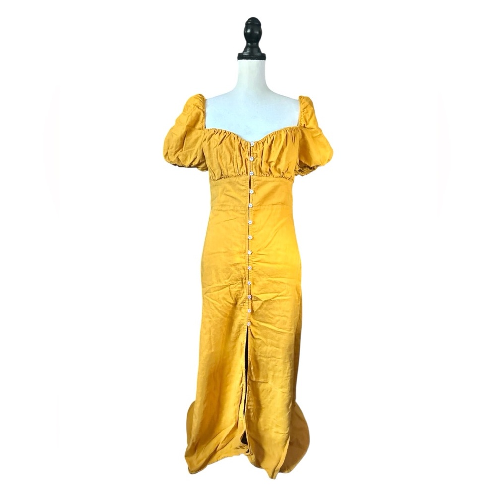 PRIM Puff Sleeve Button Up Midi Dress Mustard Yellow Cottagecore Milkmaid Medium
